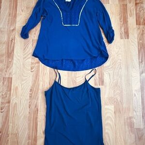 Anthropologie Blue Eyelet Henley & Caslon cami w adjustable straps VGUC